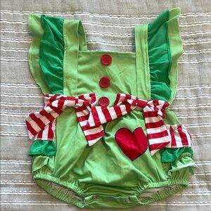 Green Baby Romper with Red Heart and Striped Bows